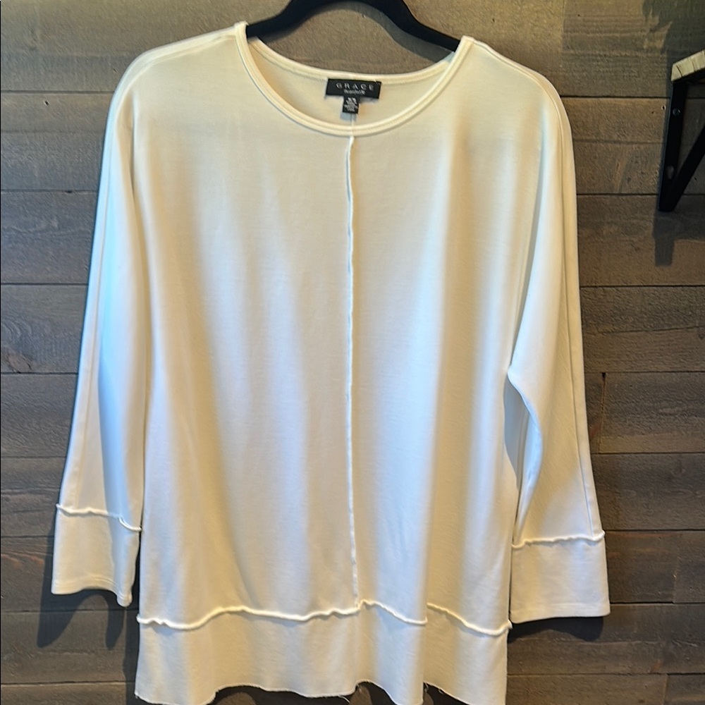 Grace White Raw Hem Long Sleeve Oversized Blouse